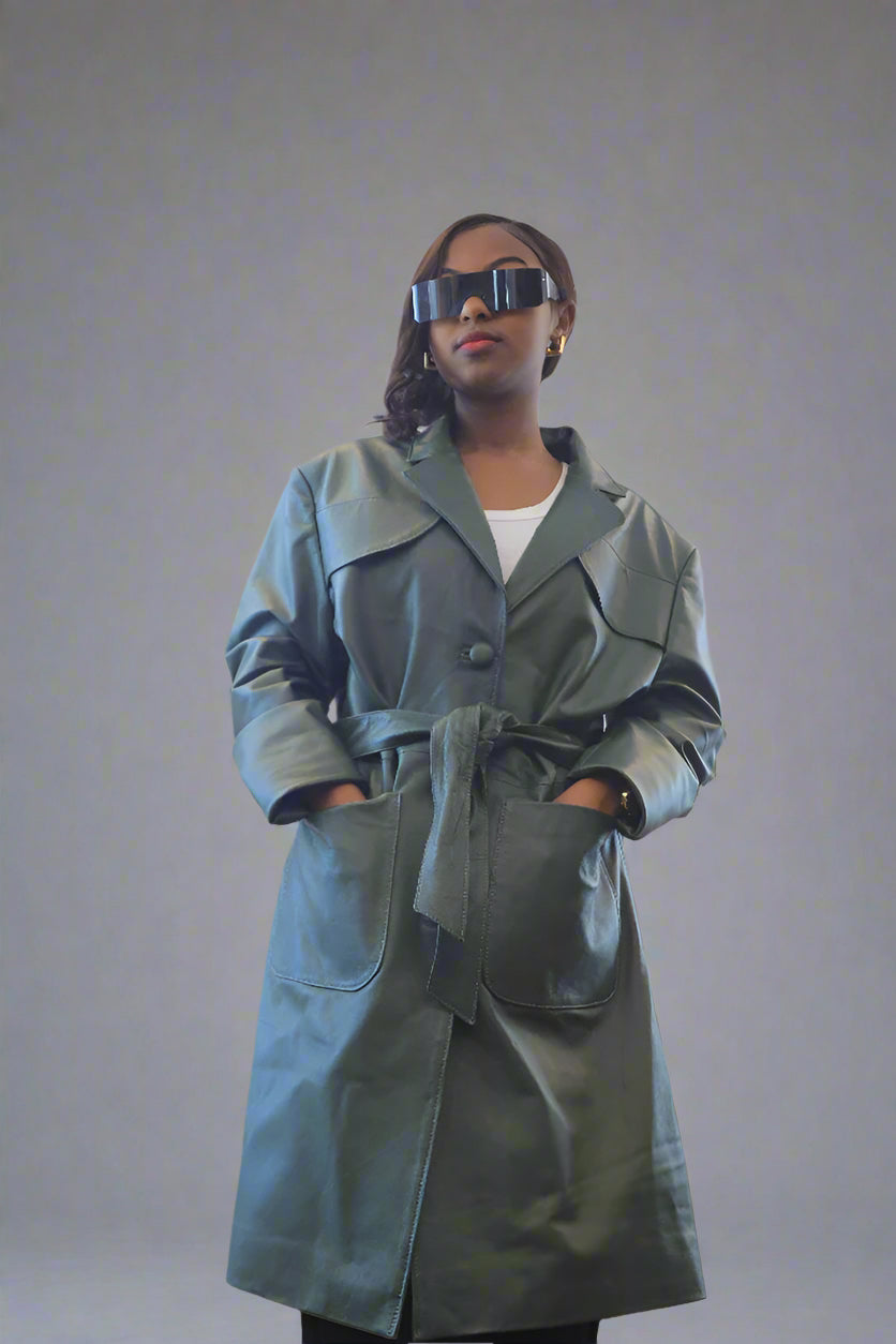 Emerald Elegance Belted Leather Trench Coat – Luxury Outerwear for All Seasons